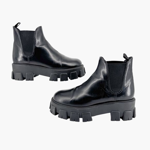 Prada Monolith Chelsea Ankle Boots Size 41 US 11 Black Leather Lug Sole Combat - Picture 7 of 15